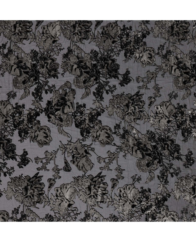 Black and Charcoal Floral Burnout Design Silk Blended Velvet Chiffon Fabric, 140 cm Width, Made in China-D26641