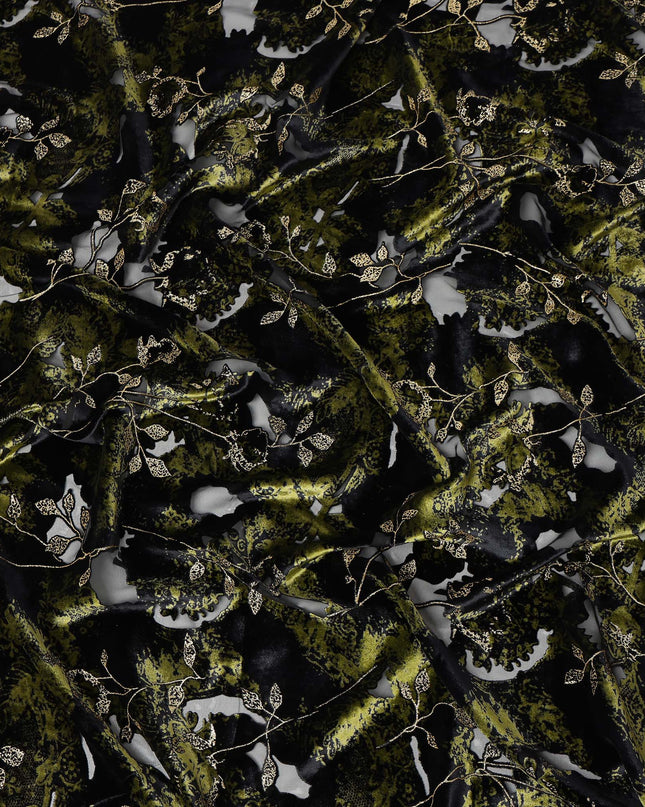 Olive Green and Black Floral Patterned Synthetic Blended Velvet Fabric, 140 Cms Width, Made in China-D26335