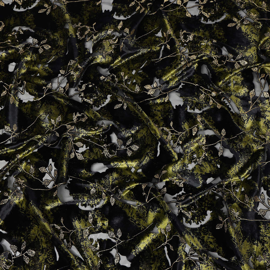 Olive Green and Black Floral Patterned Synthetic Blended Velvet Fabric, 140 Cms Width, Made in China-D26335