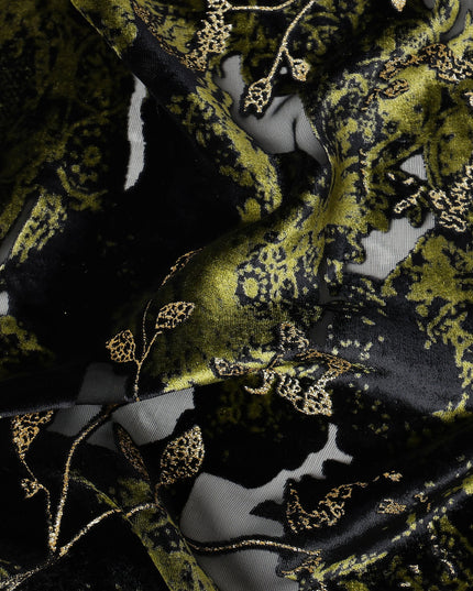 Olive Green and Black Floral Patterned Synthetic Blended Velvet Fabric, 140 Cms Width, Made in China-D26335