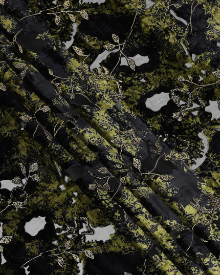Olive Green and Black Floral Patterned Synthetic Blended Velvet Fabric, 140 Cms Width, Made in China-D26335