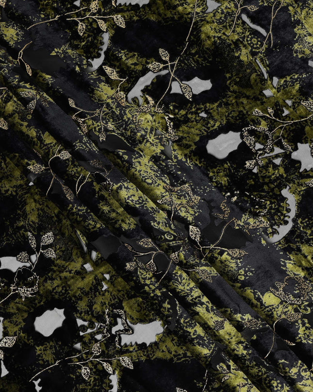 Olive Green and Black Floral Patterned Synthetic Blended Velvet Fabric, 140 Cms Width, Made in China-D26335