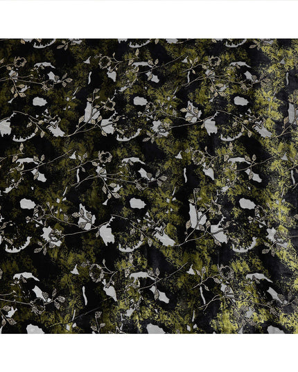 Olive Green and Black Floral Patterned Synthetic Blended Velvet Fabric, 140 Cms Width, Made in China-D26335