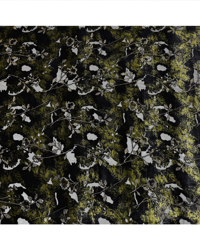 Olive Green and Black Floral Patterned Synthetic Blended Velvet Fabric, 140 Cms Width, Made in China-D26335