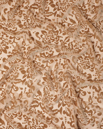 Beige and Brown Floral Printed Synthetic Burnout Chiffon Velvet Fabric 140 Cms Width China-D28198