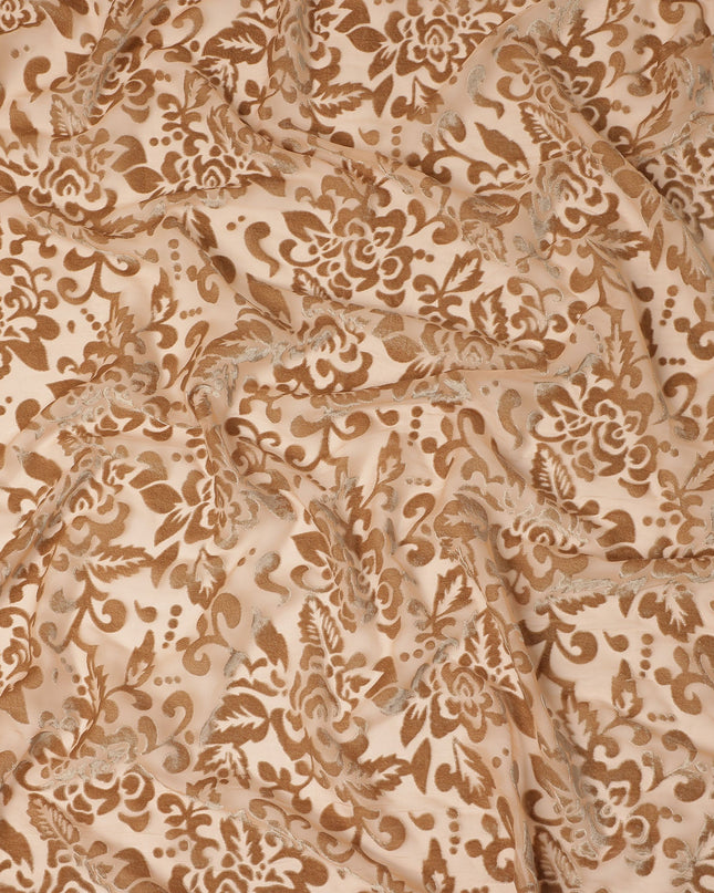 Beige and Brown Floral Printed Synthetic Burnout Chiffon Velvet Fabric 140 Cms Width China-D28198