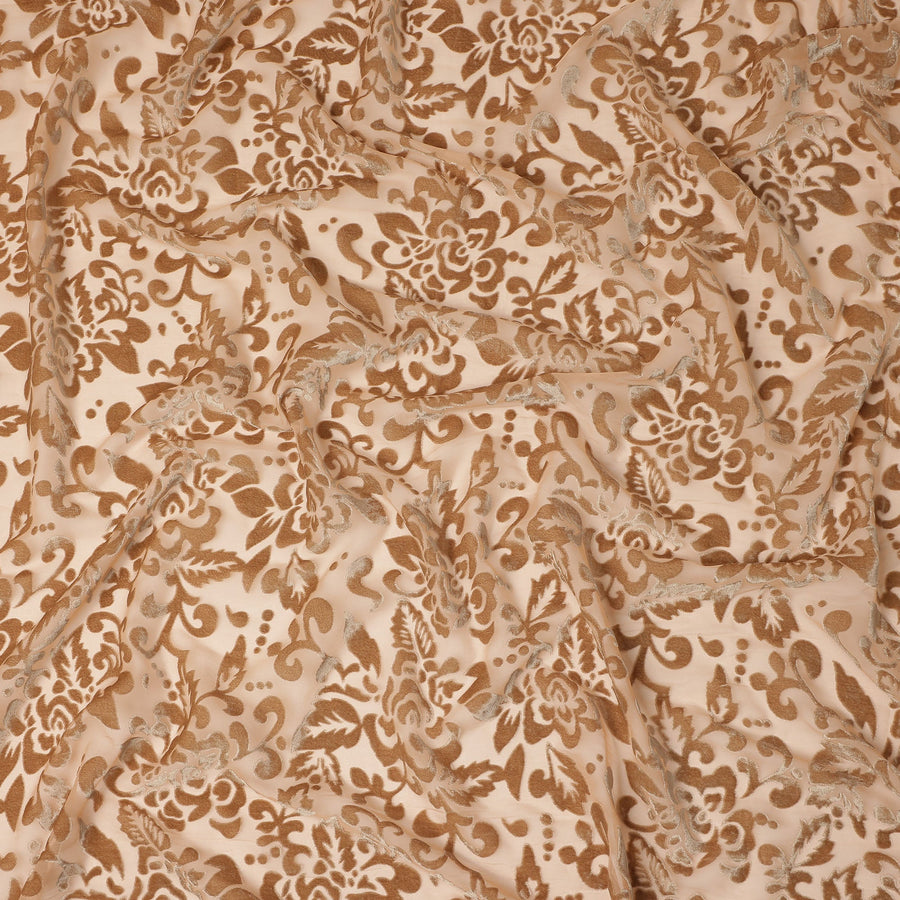 Beige and Brown Floral Printed Synthetic Burnout Chiffon Velvet Fabric 140 Cms Width China-D28198