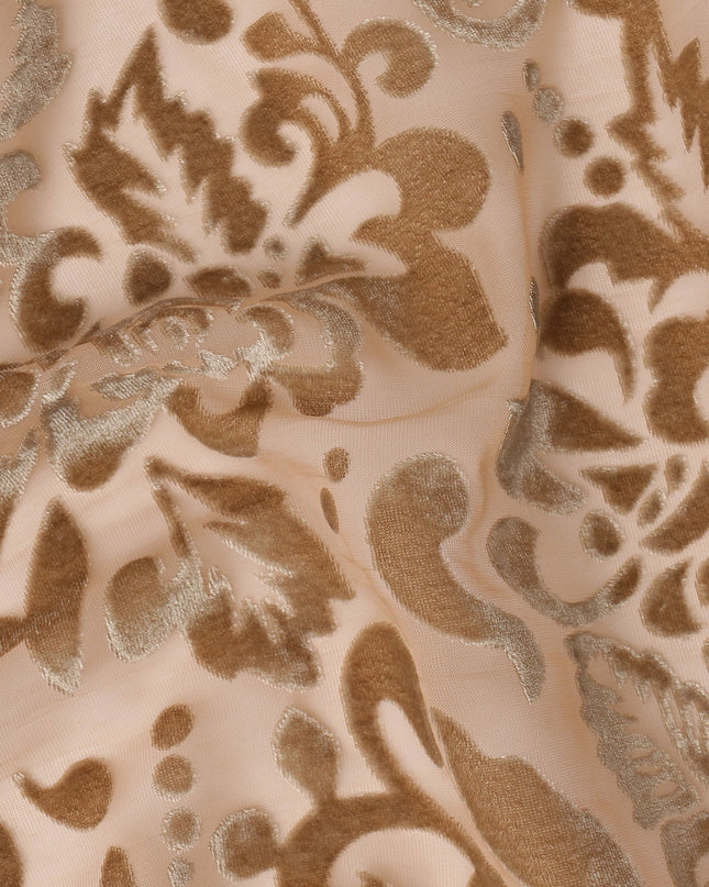 Orange Floral Burnout Design Silk Blended Chiffon Velvet Fabric, 140 cm Width, Made in China-D26636