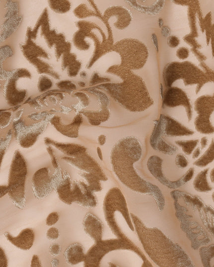 Beige and Brown Floral Printed Synthetic Burnout Chiffon Velvet Fabric 140 Cms Width China-D28198