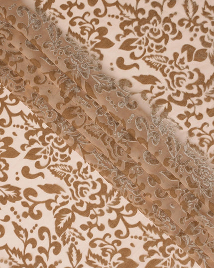 Beige and Brown Floral Printed Synthetic Burnout Chiffon Velvet Fabric 140 Cms Width China-D28198