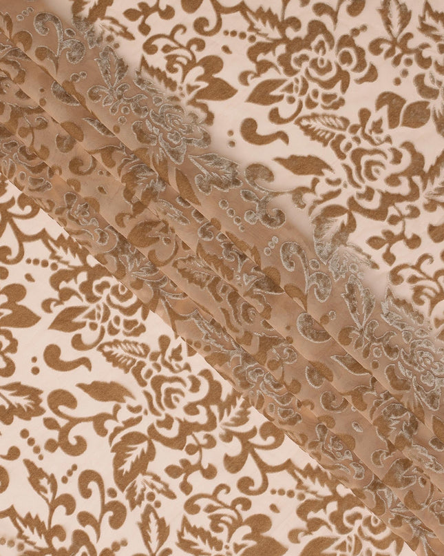 Beige and Brown Floral Printed Synthetic Burnout Chiffon Velvet Fabric 140 Cms Width China-D28198