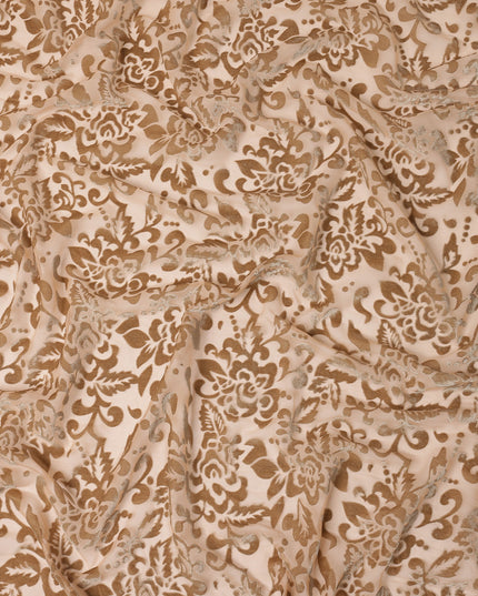 Orange Floral Burnout Design Silk Blended Chiffon Velvet Fabric, 140 cm Width, Made in China-D26636