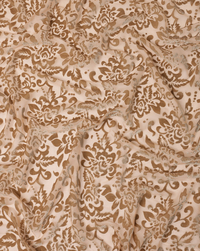 Orange Floral Burnout Design Silk Blended Chiffon Velvet Fabric, 140 cm Width, Made in China-D26636