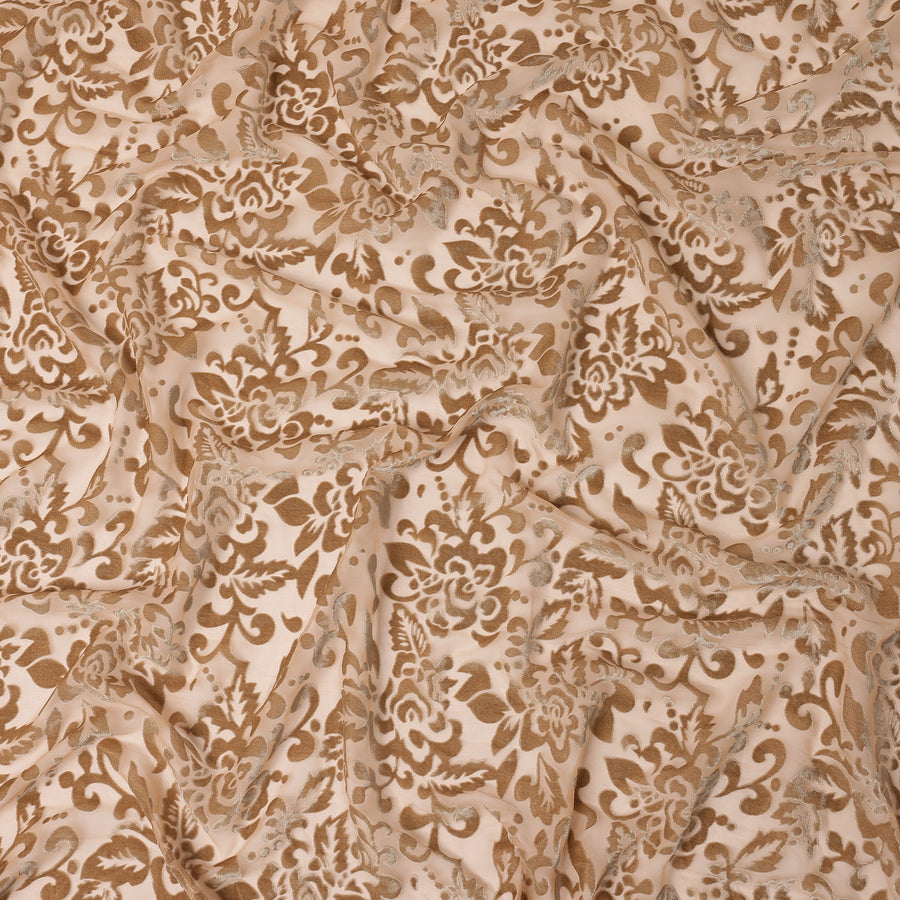 Orange Floral Burnout Design Silk Blended Chiffon Velvet Fabric, 140 cm Width, Made in China-D26636