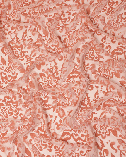 Peach Floral Printed Synthetic Burnout Chiffon Velvet Fabric 140 Cms Width China-D28197