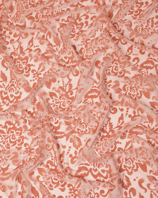 Peach Floral Printed Synthetic Burnout Chiffon Velvet Fabric 140 Cms Width China-D28197