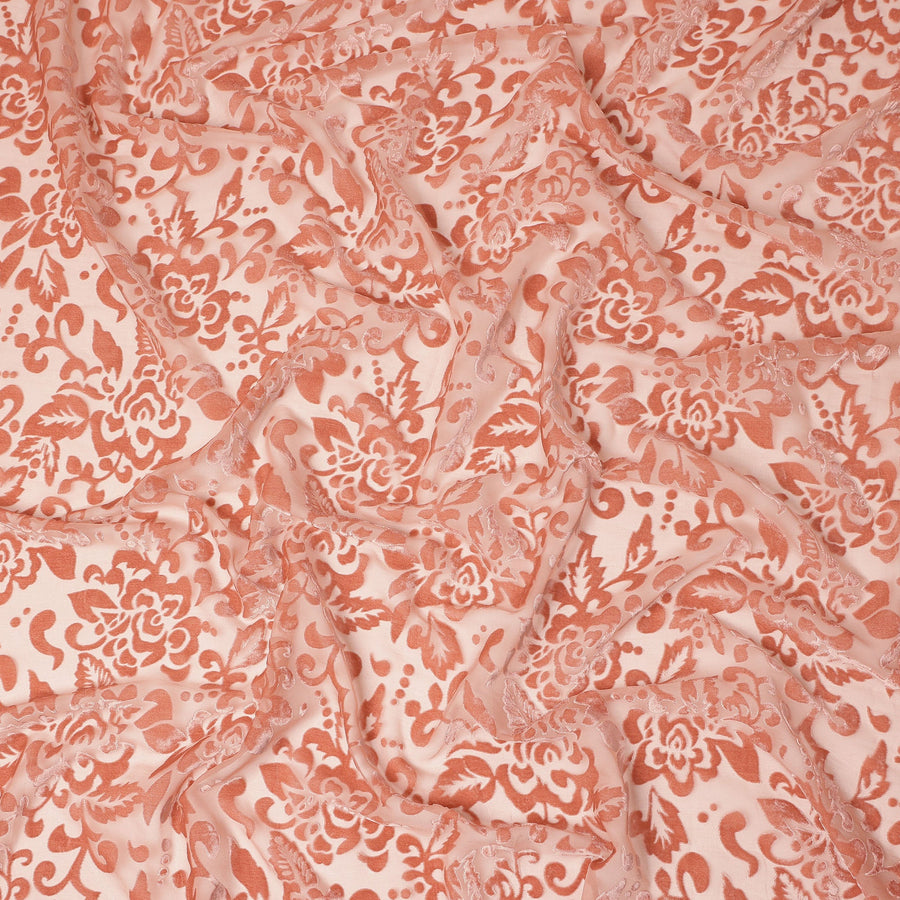 Peach Floral Printed Synthetic Burnout Chiffon Velvet Fabric 140 Cms Width China-D28197