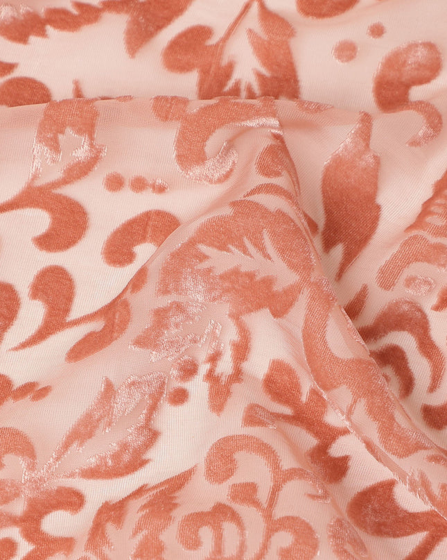Peach Floral Printed Synthetic Burnout Chiffon Velvet Fabric 140 Cms Width China-D28197
