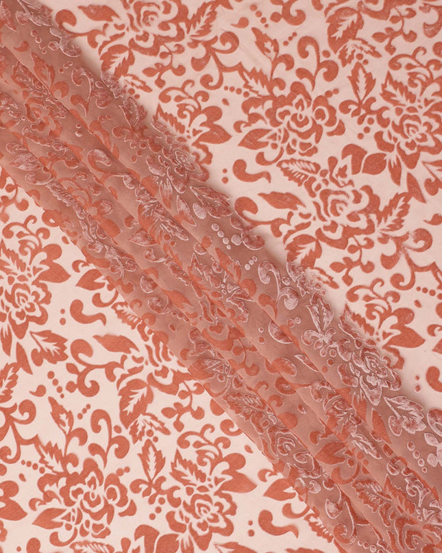 Peach Floral Printed Synthetic Burnout Chiffon Velvet Fabric 140 Cms Width China-D28197