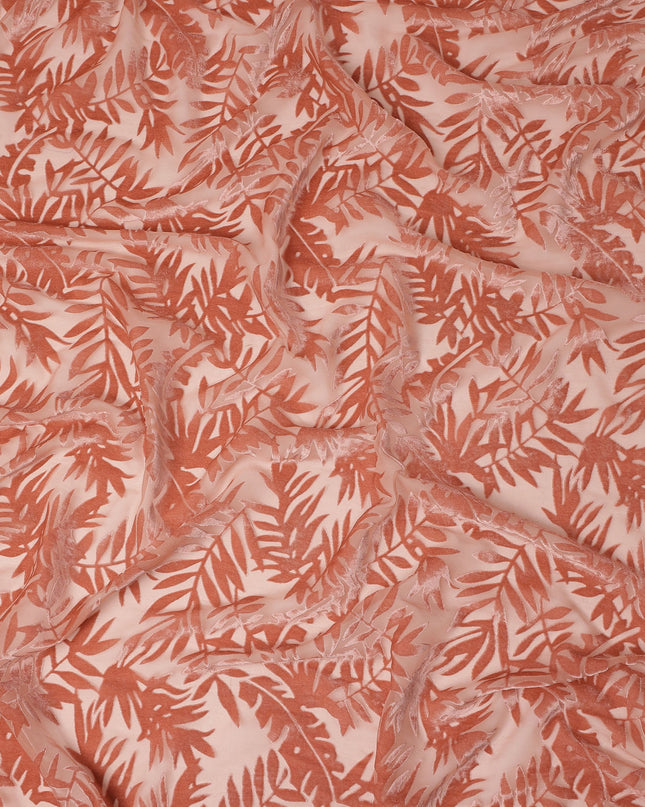 Peach Leaf Printed Synthetic Burnout Chiffon Velvet Fabric 140 Cms Width China-D28199