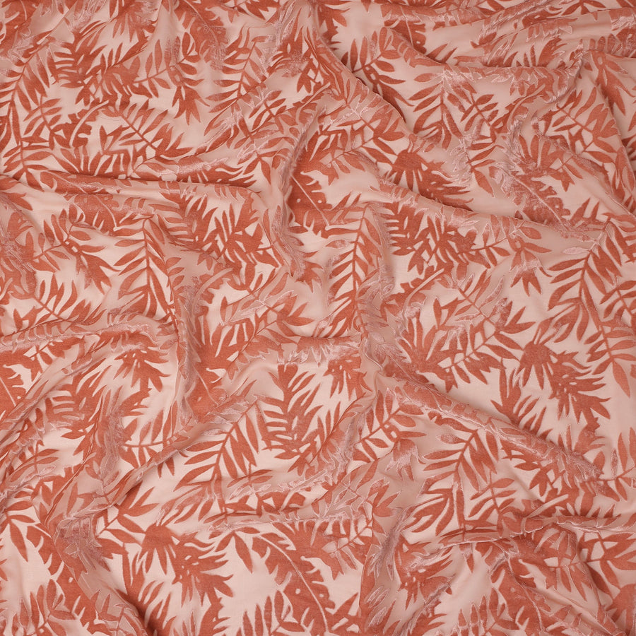 Peach Leaf Printed Synthetic Burnout Chiffon Velvet Fabric 140 Cms Width China-D28199