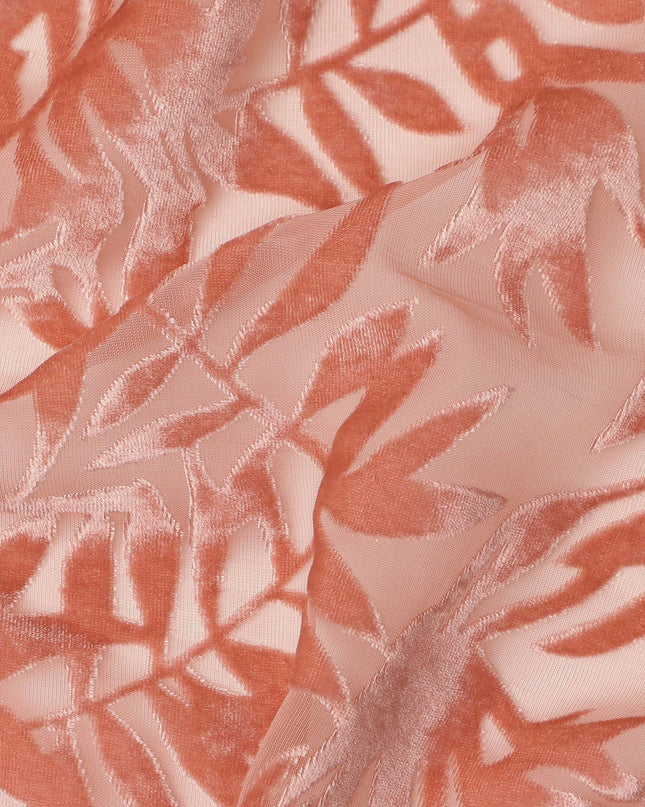 Peach Leaf Printed Synthetic Burnout Chiffon Velvet Fabric 140 Cms Width China-D28199