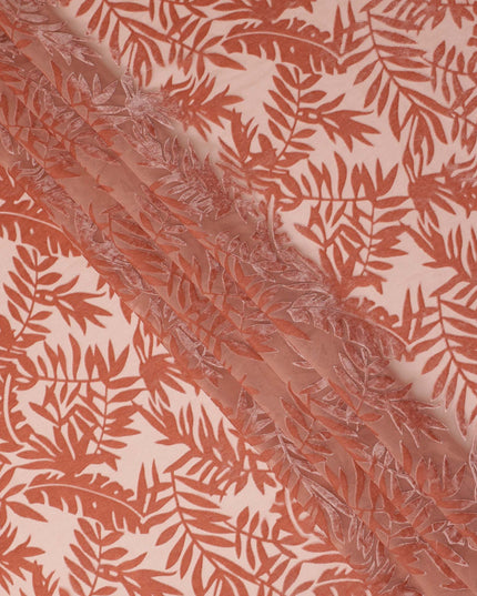 Peach Leaf Printed Synthetic Burnout Chiffon Velvet Fabric 140 Cms Width China-D28199
