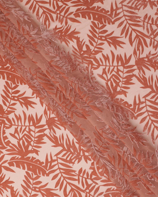 Peach Leaf Printed Synthetic Burnout Chiffon Velvet Fabric 140 Cms Width China-D28199