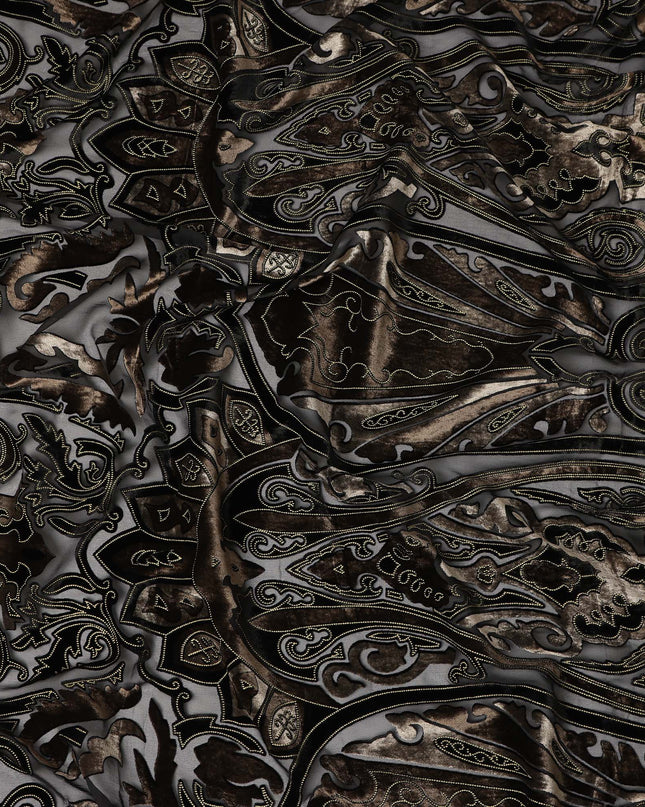 Black and Bronze Ornamental Paisley Printed Synthetic Burnout Chiffon Velvet Fabric 140 Cms Width China-D28188