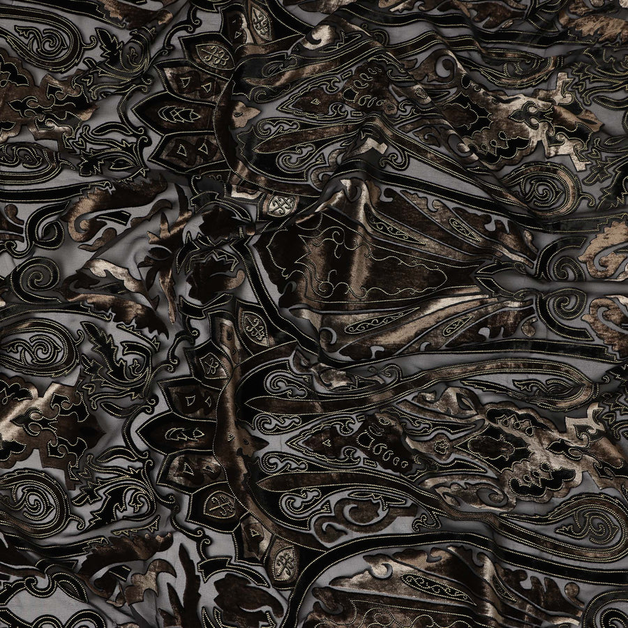 Black and Bronze Ornamental Paisley Printed Synthetic Burnout Chiffon Velvet Fabric 140 Cms Width China-D28188