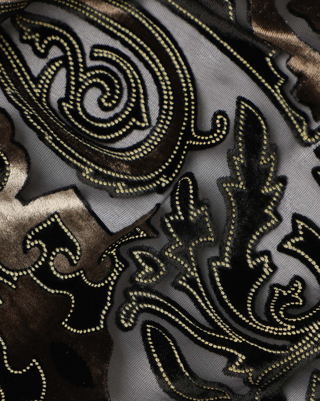 Black and Bronze Ornamental Paisley Printed Synthetic Burnout Chiffon Velvet Fabric 140 Cms Width China-D28188