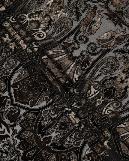Black and Bronze Ornamental Paisley Printed Synthetic Burnout Chiffon Velvet Fabric 140 Cms Width China-D28188