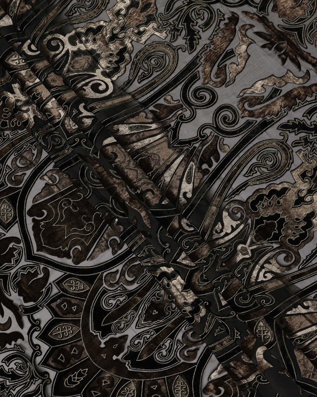 Black and Bronze Ornamental Paisley Printed Synthetic Burnout Chiffon Velvet Fabric 140 Cms Width China-D28188