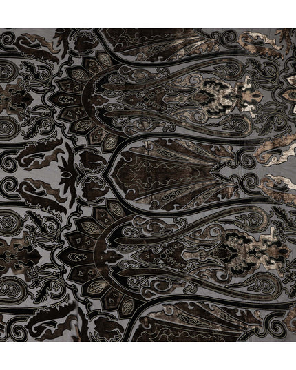 Black and Bronze Ornamental Paisley Printed Synthetic Burnout Chiffon Velvet Fabric 140 Cms Width China-D28188