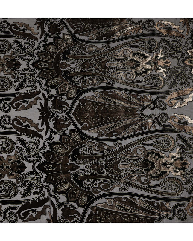 Black and Bronze Ornamental Paisley Printed Synthetic Burnout Chiffon Velvet Fabric 140 Cms Width China-D28188