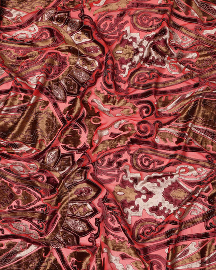 Coral Pink and Brown Ornamental Paisley Printed Synthetic Burnout Chiffon Velvet Fabric 140 Cms Width China-D28189