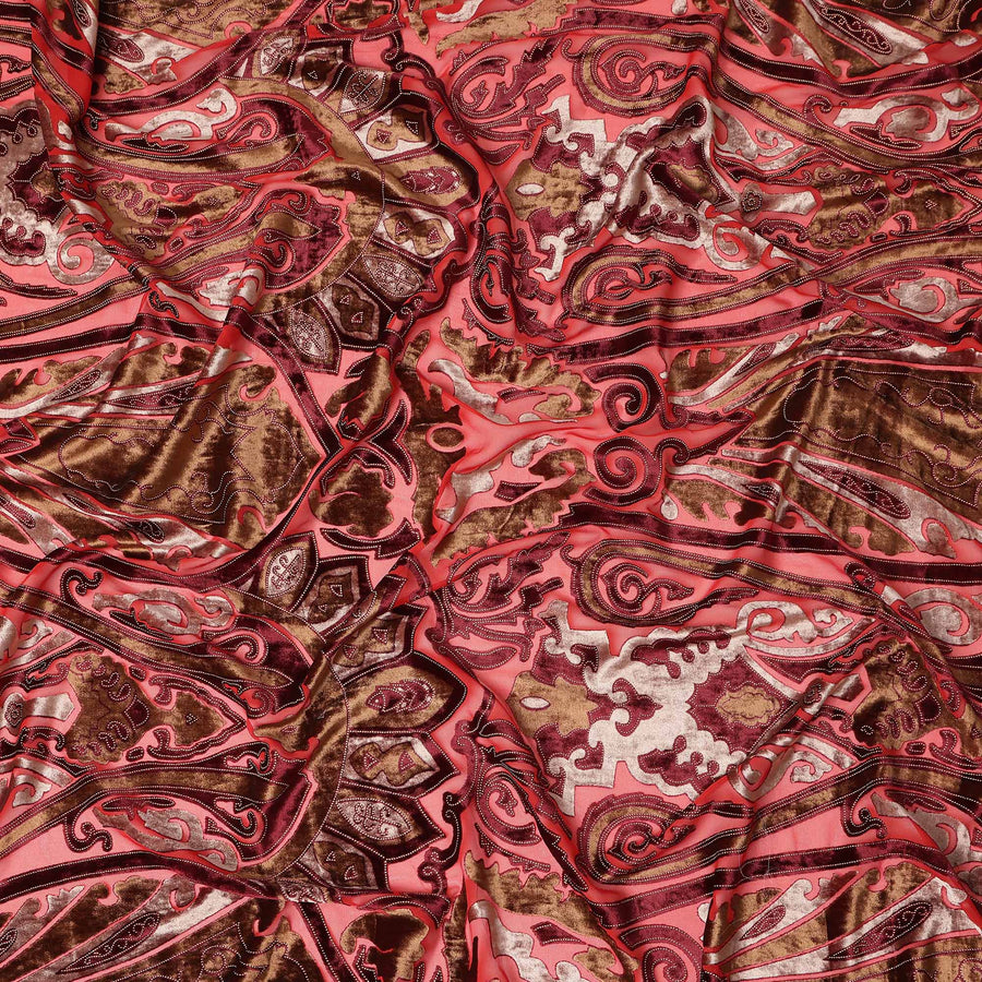 Coral Pink and Brown Ornamental Paisley Printed Synthetic Burnout Chiffon Velvet Fabric 140 Cms Width China-D28189