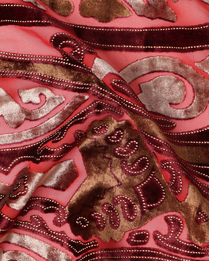 Coral Pink and Brown Ornamental Paisley Printed Synthetic Burnout Chiffon Velvet Fabric 140 Cms Width China-D28189