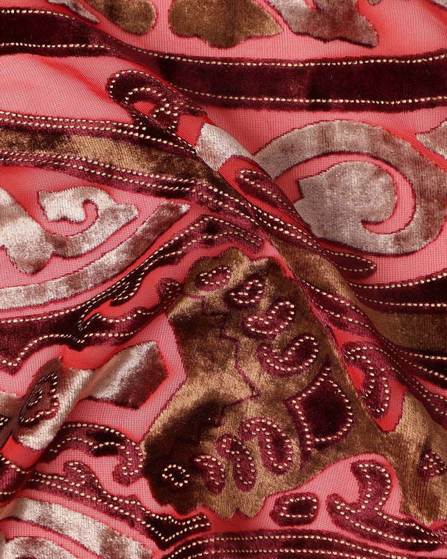 Coral Pink and Brown Ornamental Paisley Printed Synthetic Burnout Chiffon Velvet Fabric 140 Cms Width China-D28189