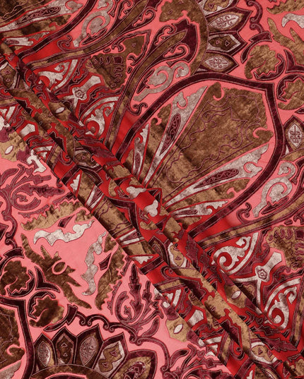 Coral Pink and Brown Ornamental Paisley Printed Synthetic Burnout Chiffon Velvet Fabric 140 Cms Width China-D28189