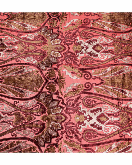 Coral Pink and Brown Ornamental Paisley Printed Synthetic Burnout Chiffon Velvet Fabric 140 Cms Width China-D28189