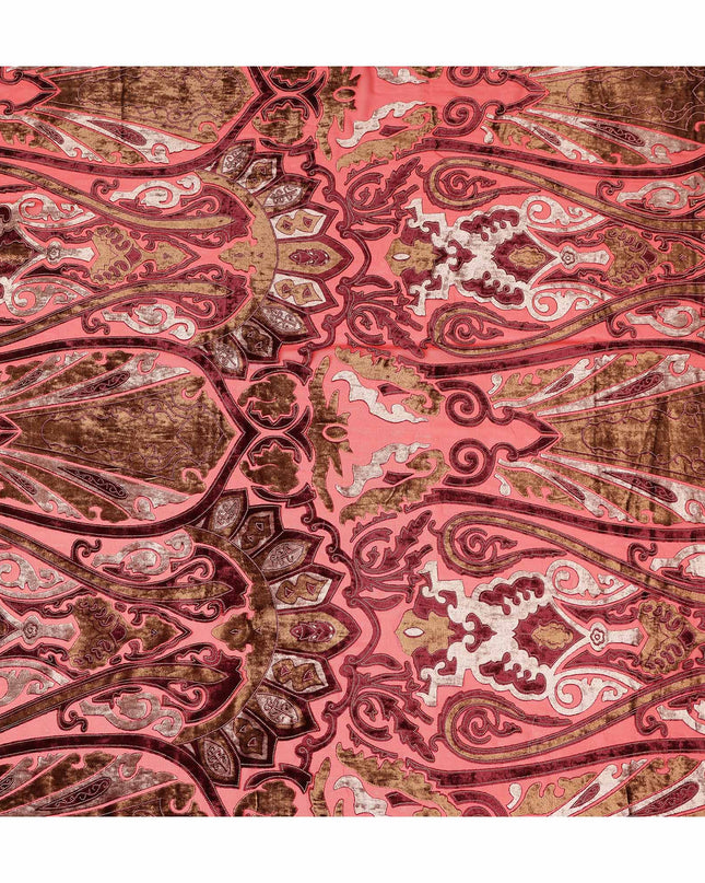 Coral Pink and Brown Ornamental Paisley Printed Synthetic Burnout Chiffon Velvet Fabric 140 Cms Width China-D28189