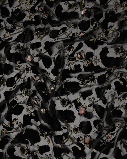 Grey and Black Floral Printed Synthetic Burnout Chiffon Velvet Fabric 140 Cms Width China-D28195