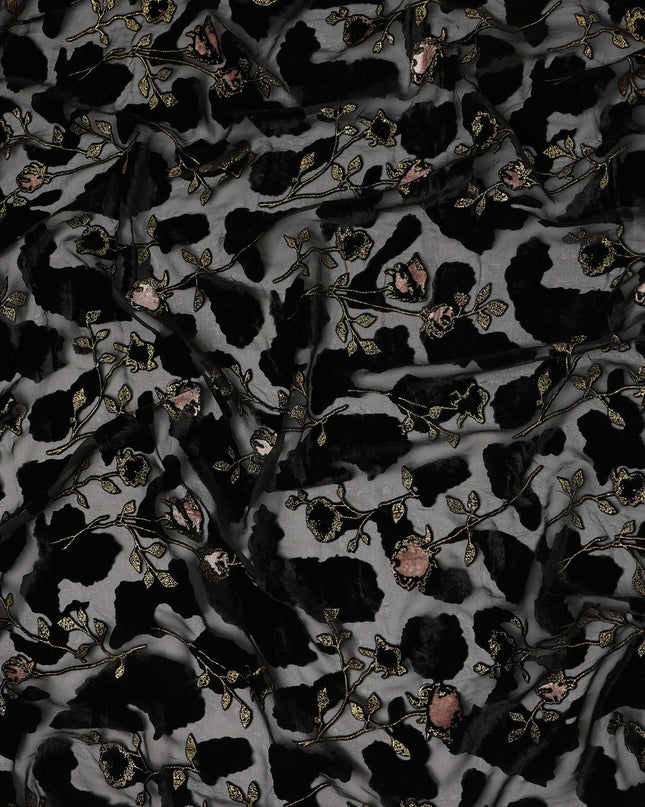 Grey and Black Floral Printed Synthetic Burnout Chiffon Velvet Fabric 140 Cms Width China-D28195