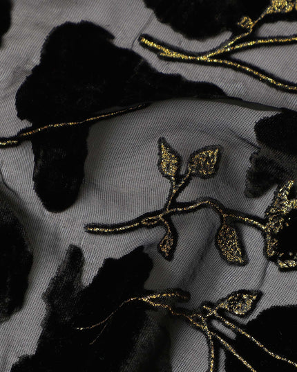 Grey and Black Floral Printed Synthetic Burnout Chiffon Velvet Fabric 140 Cms Width China-D28195