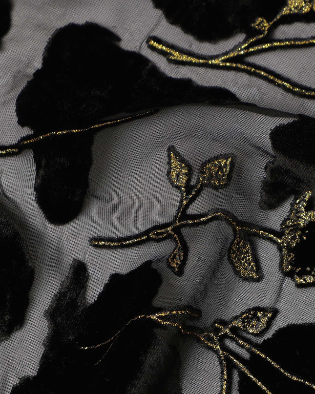 Grey and Black Floral Printed Synthetic Burnout Chiffon Velvet Fabric 140 Cms Width China-D28195