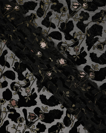 Grey and Black Floral Printed Synthetic Burnout Chiffon Velvet Fabric 140 Cms Width China-D28195