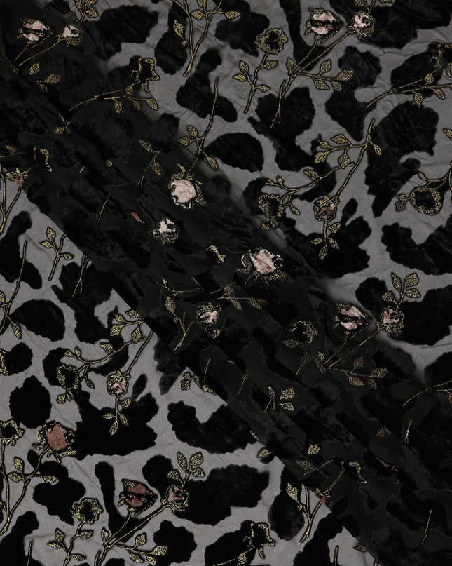 Grey and Black Floral Printed Synthetic Burnout Chiffon Velvet Fabric 140 Cms Width China-D28195