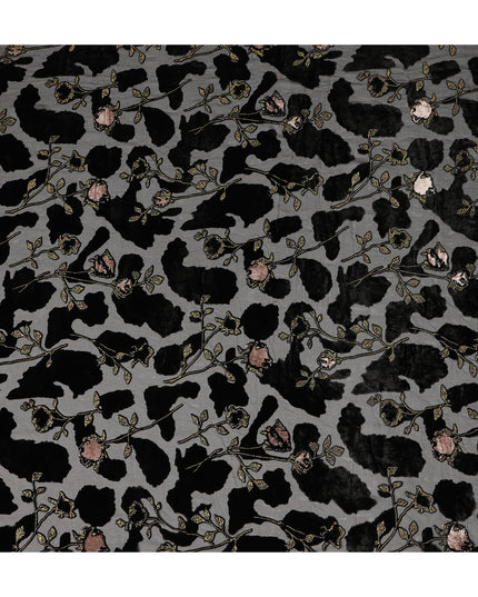 Grey and Black Floral Printed Synthetic Burnout Chiffon Velvet Fabric 140 Cms Width China-D28195