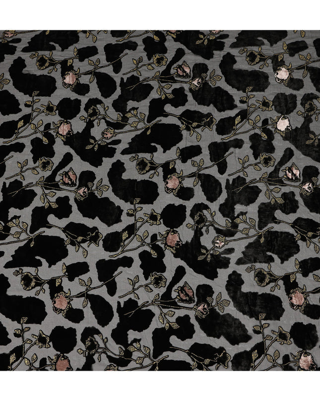 Grey and Black Floral Printed Synthetic Burnout Chiffon Velvet Fabric 140 Cms Width China-D28195